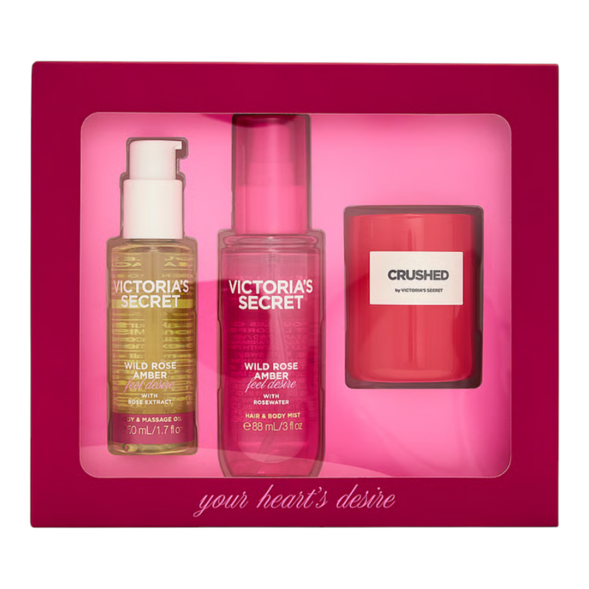Kit de Skincare y Vela Aromática Victoria's Secret 3 Piece Body Care & Crushed Candle Wild Rose Amber Gift Set