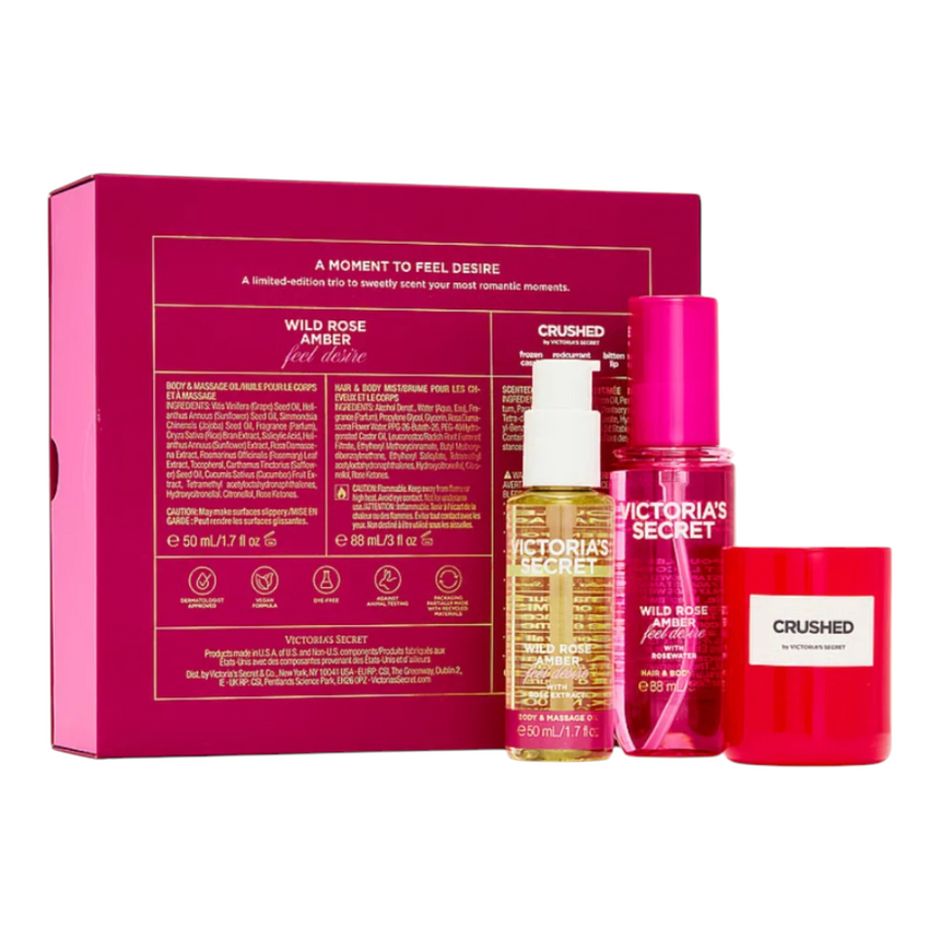 Kit de Skincare y Vela Aromática Victoria's Secret 3 Piece Body Care & Crushed Candle Wild Rose Amber Gift Set